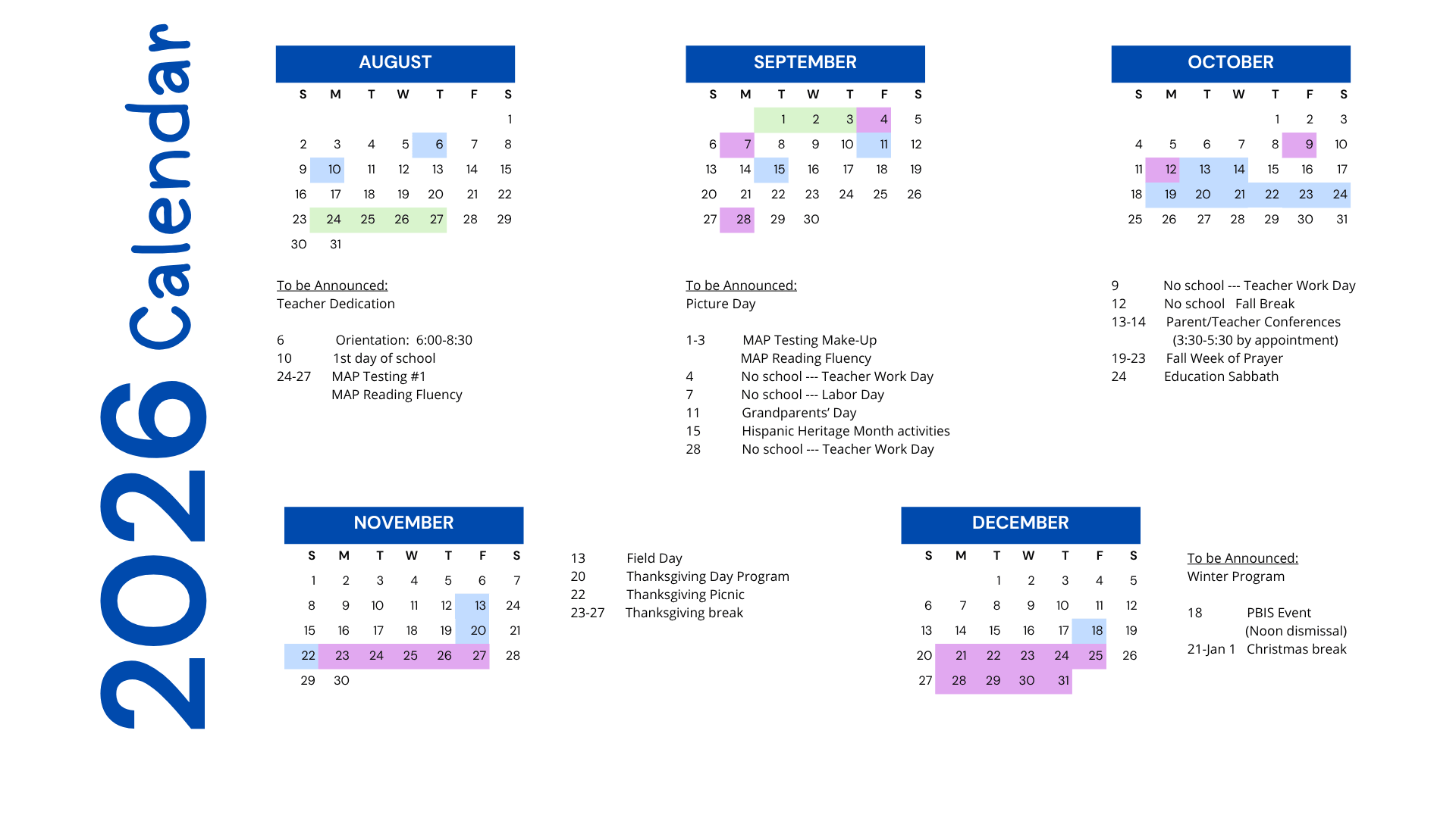 Vertical '2020-2021 Calendar' beside a multi-month school calendar with colored event blocks for Aug–Dec in blue, purple, and green.