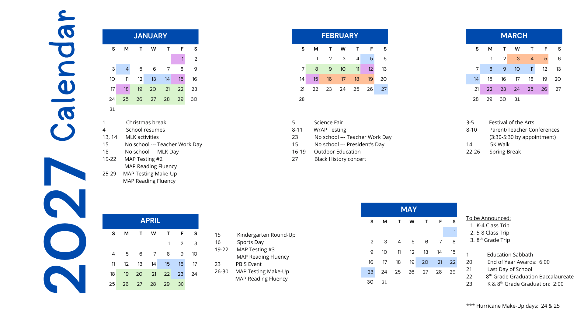 Vertical 2020 school calendar poster showing January–May months with color-coded event bars and a list of dates and holidays on the left and bottom.